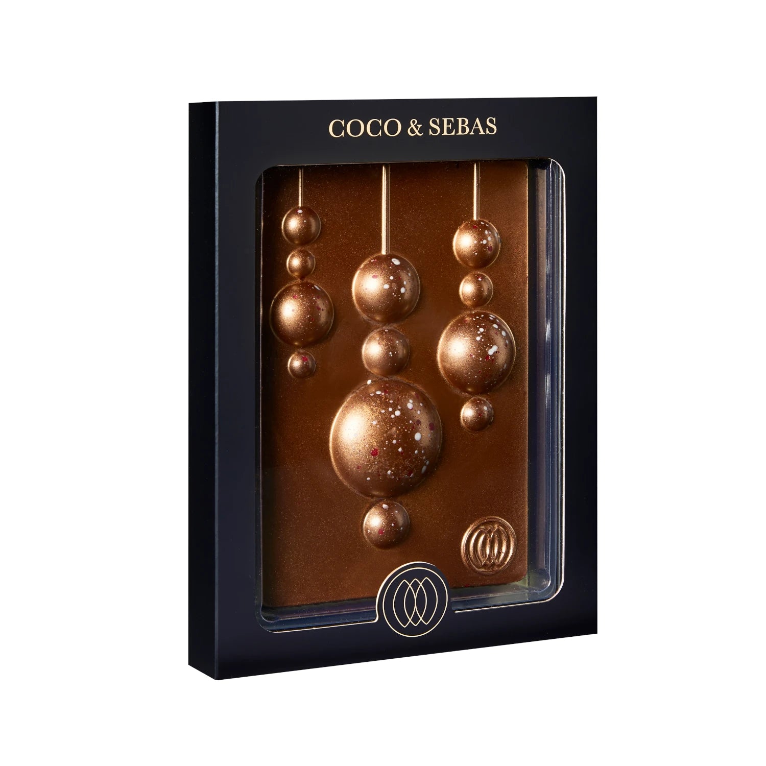 chocolade plak met kerstballen in verpakking