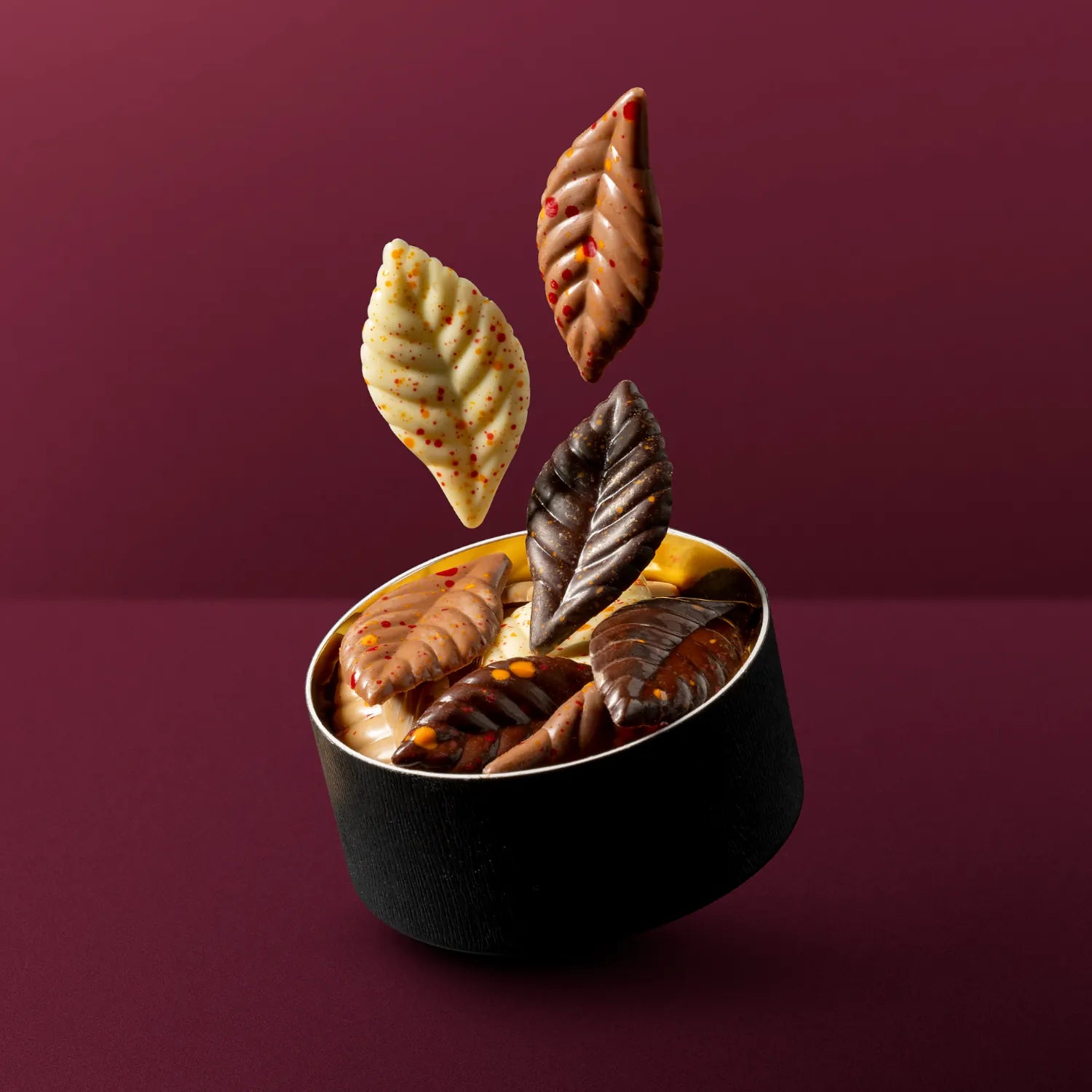 Mixed chocolate autumn leaves in a luxury box