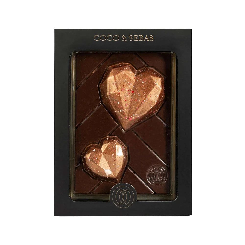 Love tablet - bronzen harten op plak pure chocolade