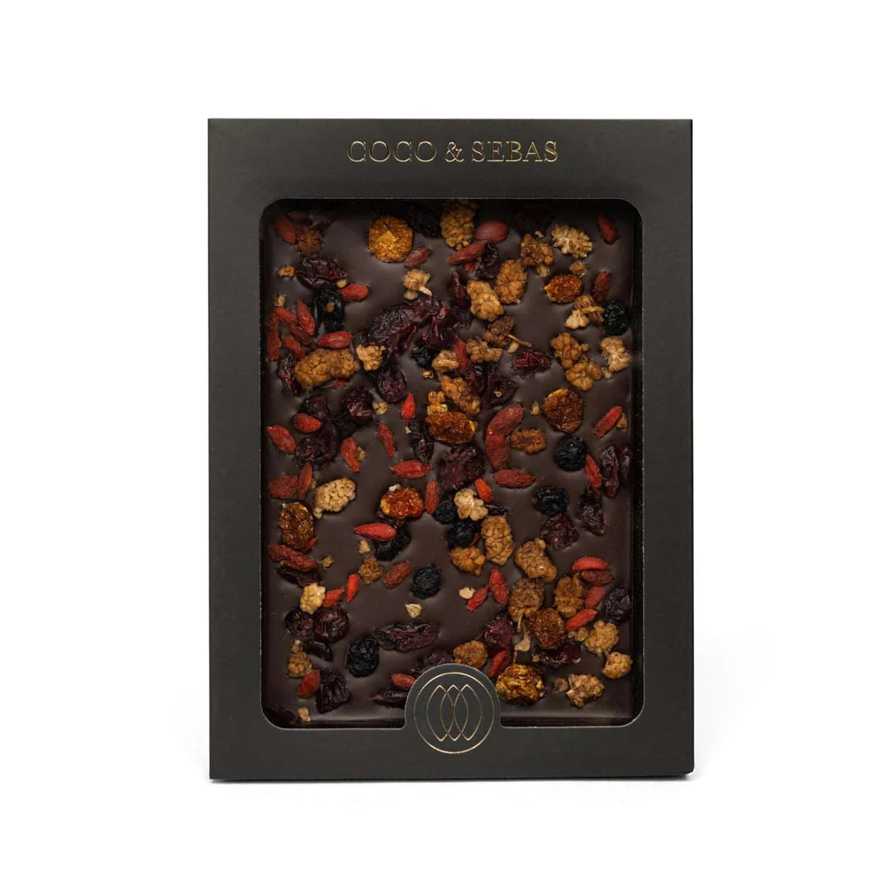 Chocolate tablet - plak pure chocolade met bessenmix Coco & Sebas chocolade cadeau