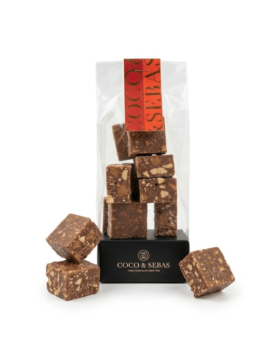 Pinda Karamel Cubes Melkchocolade | Coco & Sebas